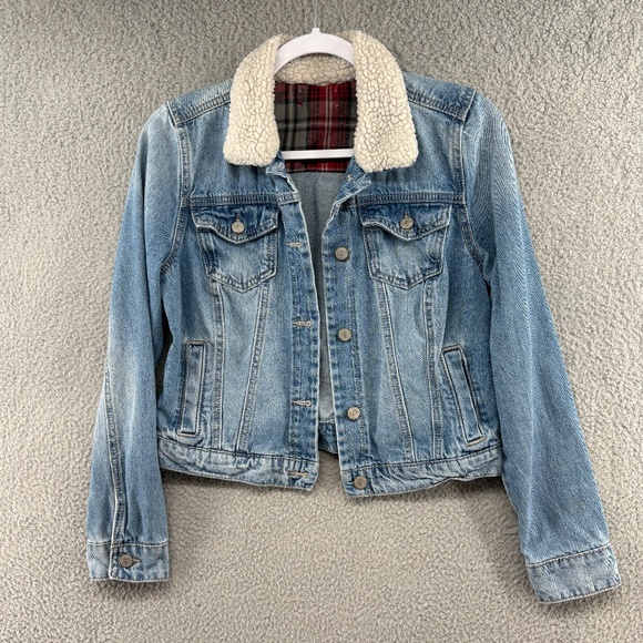 L.E.I. Sherpa Collar Denim Jacket Juniors M Blue Jean Trucker Plaid Lined Vtg - Picture 1 of 10